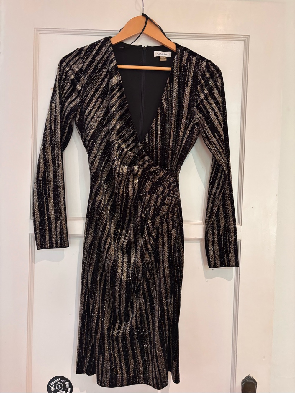 Calvin Klein Black and Gold Long-Sleeve Wrap Dress